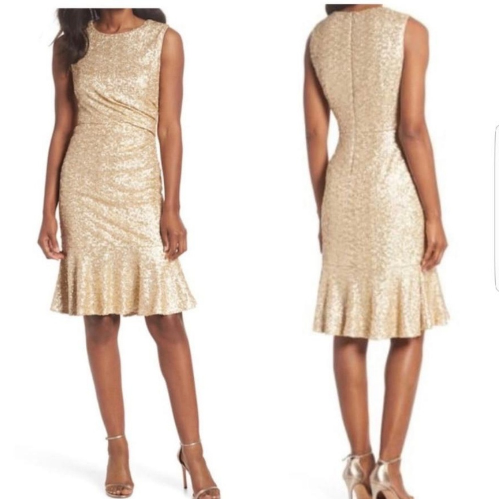 Eliza J New Gold Sequin Ruffled Hem Dress